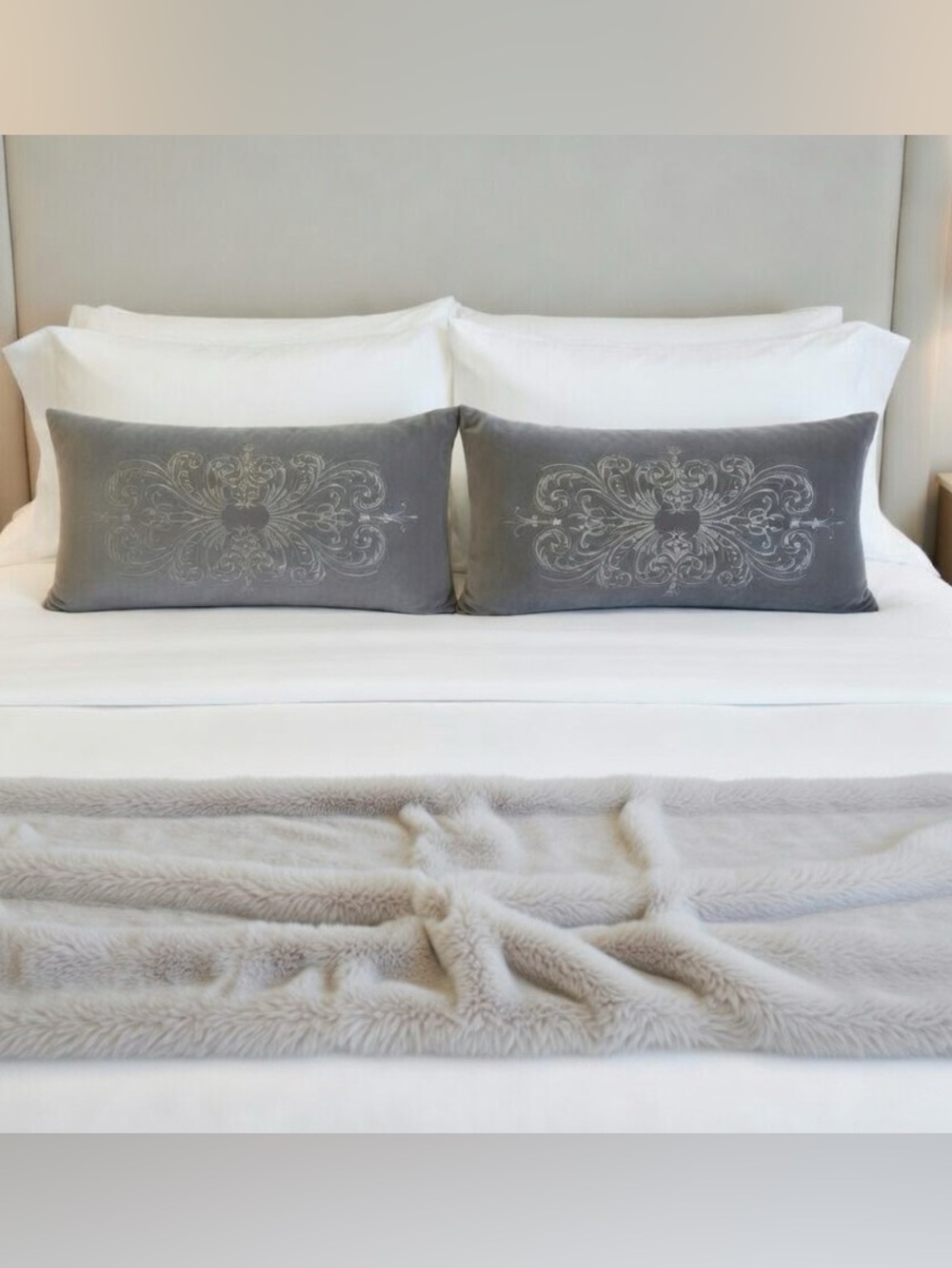 Embroidered Velvet Lumbar Pillows Pair in Gray by Rodeo Home